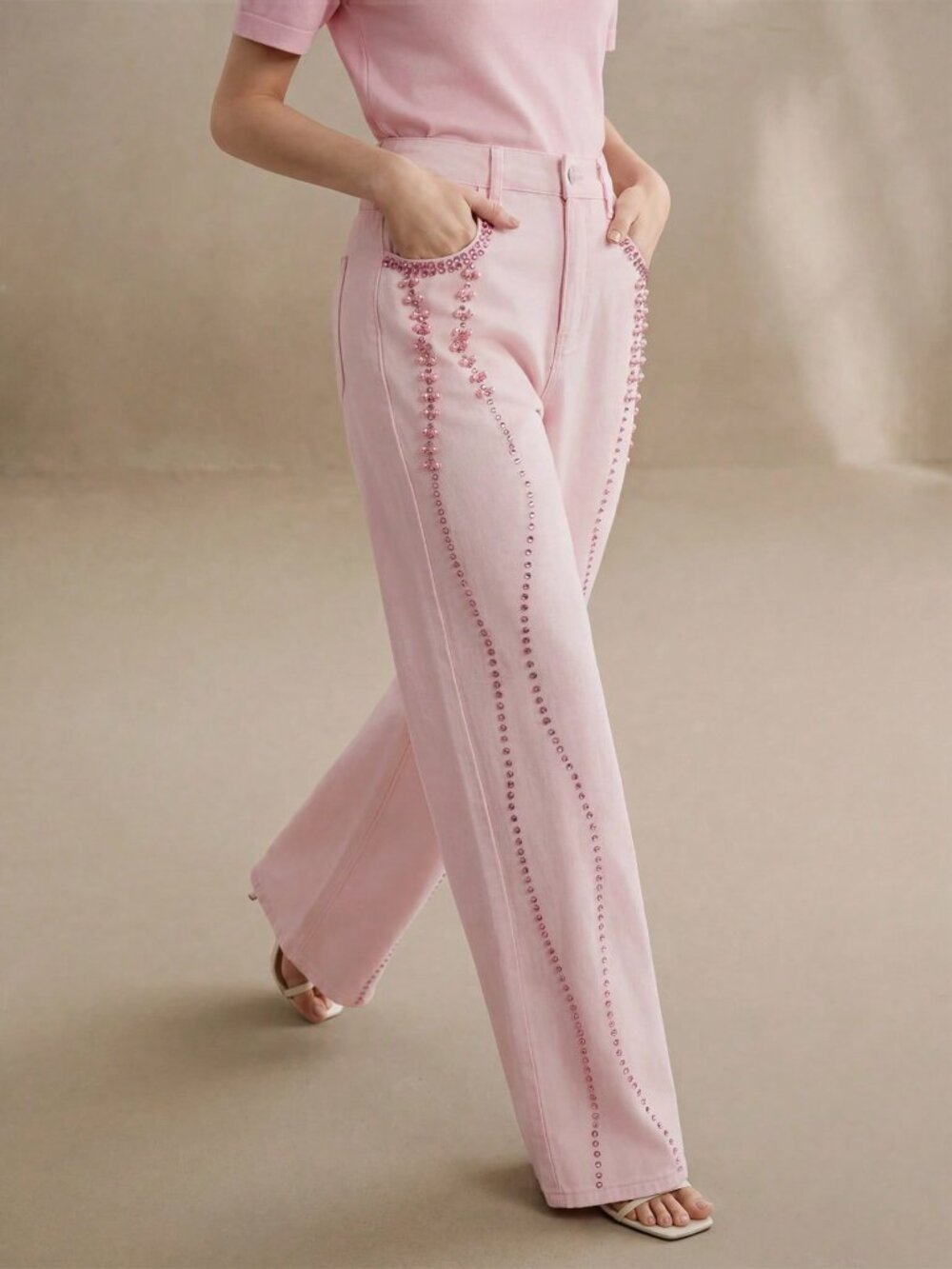 Pink Casual Women's Design Beaded Rhinestone Straight Leg Jeans